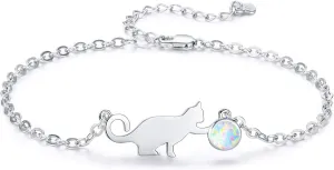 PRAYMOS Cat Bracelets for Women, 925 Sterling Silver Opal Kawaii Kitty Bracelet Hypoallergenic Cat Jewelry for Women Cat Themed Gifts