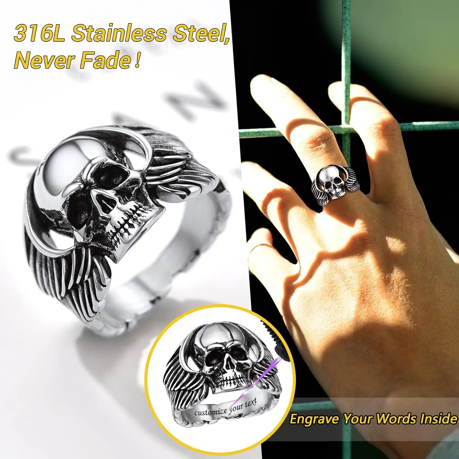 PROSTEEL Gothic Jewelry Cool Skull Rings for Men Women, Can Customize Text, Black/18K Gold Plated 316L Stainless Steel Rings, Size 7-14, Come with Box