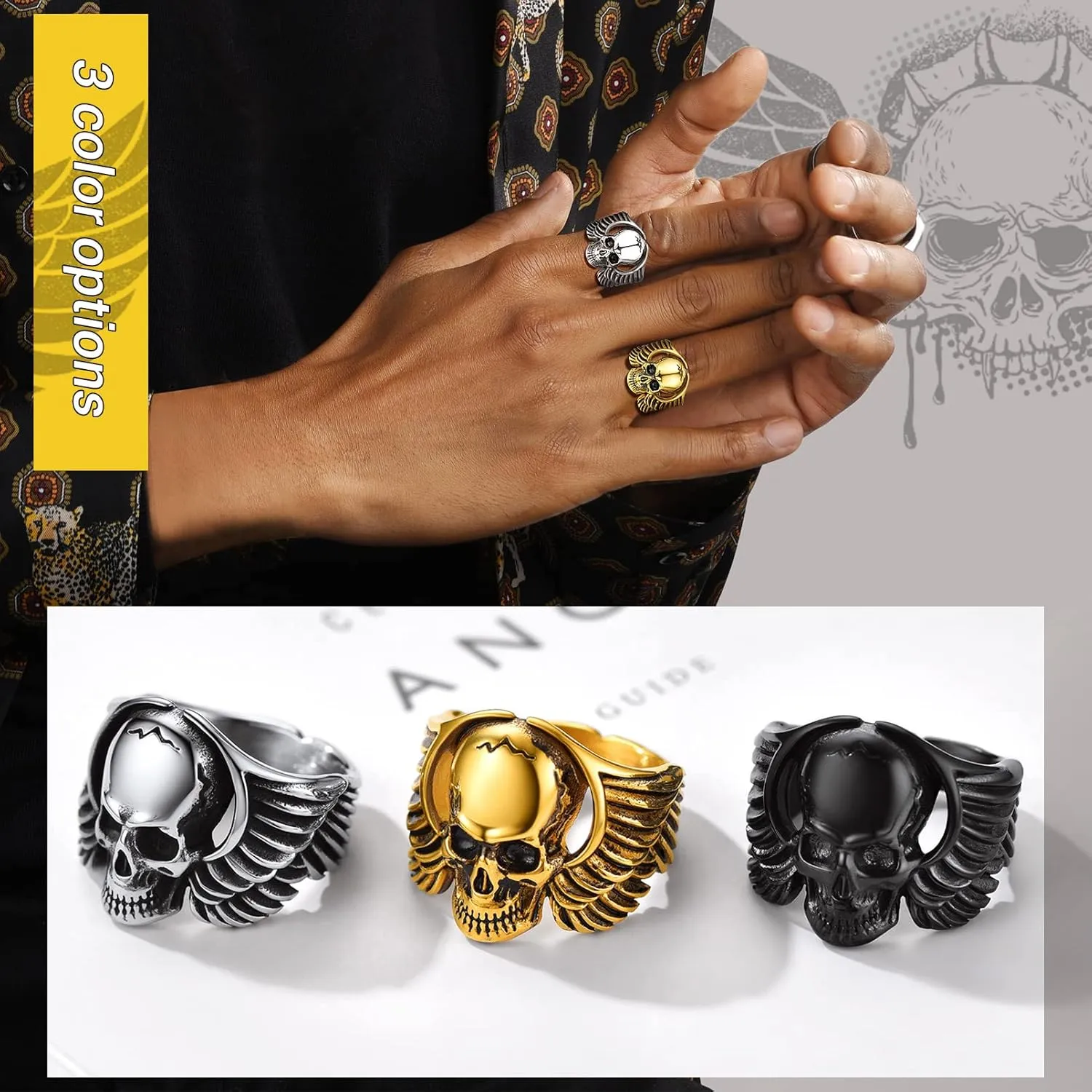 PROSTEEL Gothic Jewelry Cool Skull Rings for Men Women, Can Customize Text, Black/18K Gold Plated 316L Stainless Steel Rings, Size 7-14, Come with Box