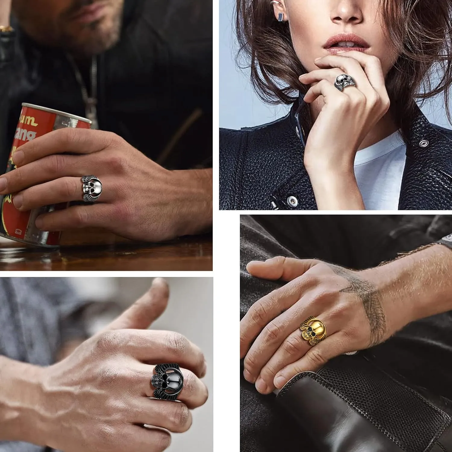 PROSTEEL Gothic Jewelry Cool Skull Rings for Men Women, Can Customize Text, Black/18K Gold Plated 316L Stainless Steel Rings, Size 7-14, Come with Box