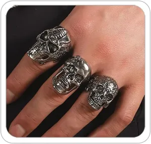 Punk Gothic Rings for Men Women Chunky Vintage Skull Ring Set Gothic Halloween Dark Rings Stackable Skull Ring Set for Men Women