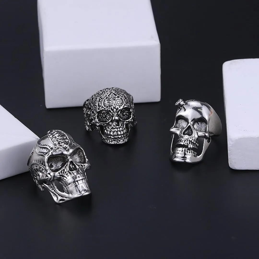 Punk Gothic Rings for Men Women Chunky Vintage Skull Ring Set Gothic Halloween Dark Rings Stackable Skull Ring Set for Men Women