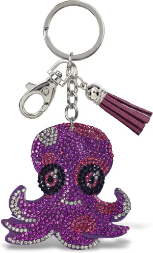 Purple Octopus Keychain - Purple Sparkling Rhinestones Charm with Tassel, Fashionable Stylish Polyester PU Ocean Life Key Ring Bling Jewelry Accessory with Clasp For Key Chain, Bag, and Purse
