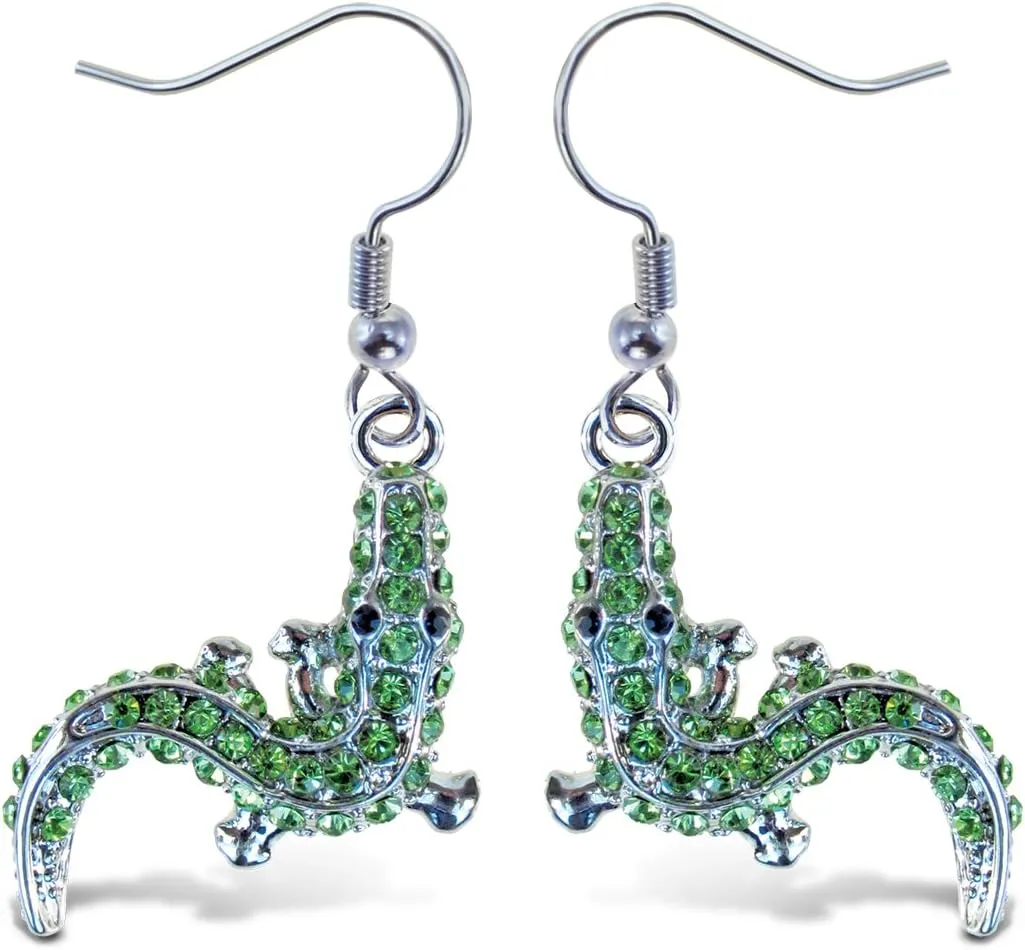Puzzled Green Alligator Fish Hook Earrings, 1.5 Inch Fashionable & Elegant Jewelry Rhinestone Studded Earring For Girls Teens Women Fashion Ear Accessory