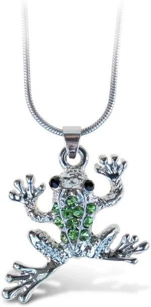 Puzzled Green Frog Necklace, 18 Inch Fashionable & Elegant Silver Chain Jewelry with Rhinestone Studded Pendant For Teenagers and Women Fashion Neck Accessory