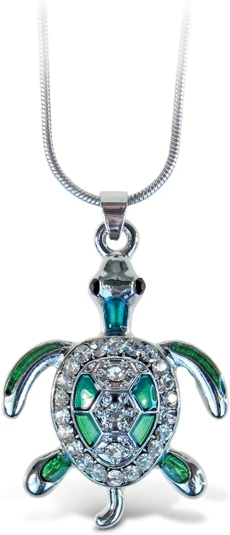 Puzzled Green Sea Turtle Necklace, 18 Inch Fashionable & Elegant Silver Chain Jewelry with Rhinestone Studded Pendant For Teens and Women Fashion Accessory