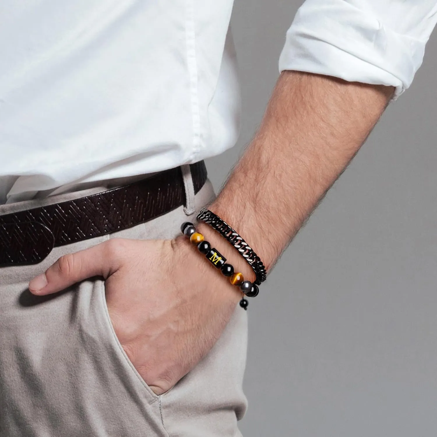 Raicegs Men's Initial Bracelet Set; Stainless Steel Bracelets in Black Obsidian, Tigers Eye, Hematite - 7.9" Cuban Link Chain - Stress Relief & Anxiety Gifts