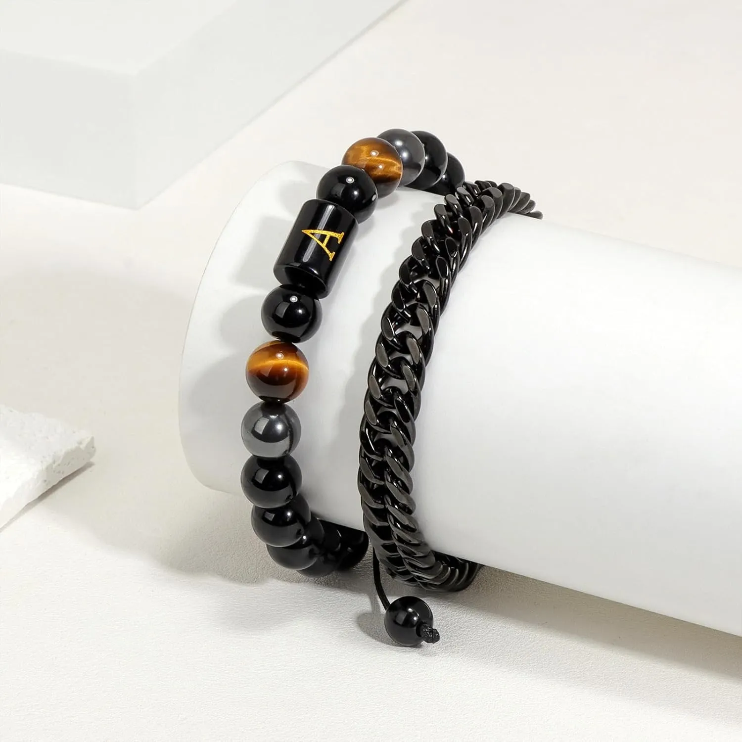 Raicegs Men's Initial Bracelet Set; Stainless Steel Bracelets in Black Obsidian, Tigers Eye, Hematite - 7.9" Cuban Link Chain - Stress Relief & Anxiety Gifts