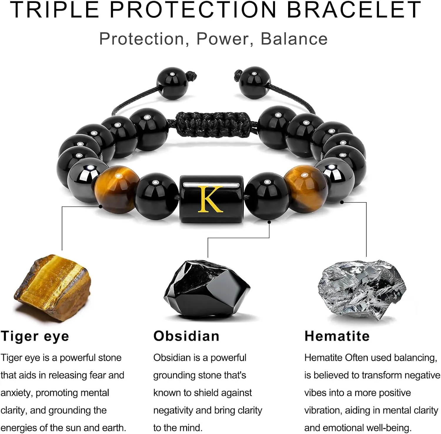 Raicegs Men's Initial Bracelet Set; Stainless Steel Bracelets in Black Obsidian, Tigers Eye, Hematite - 7.9" Cuban Link Chain - Stress Relief & Anxiety Gifts