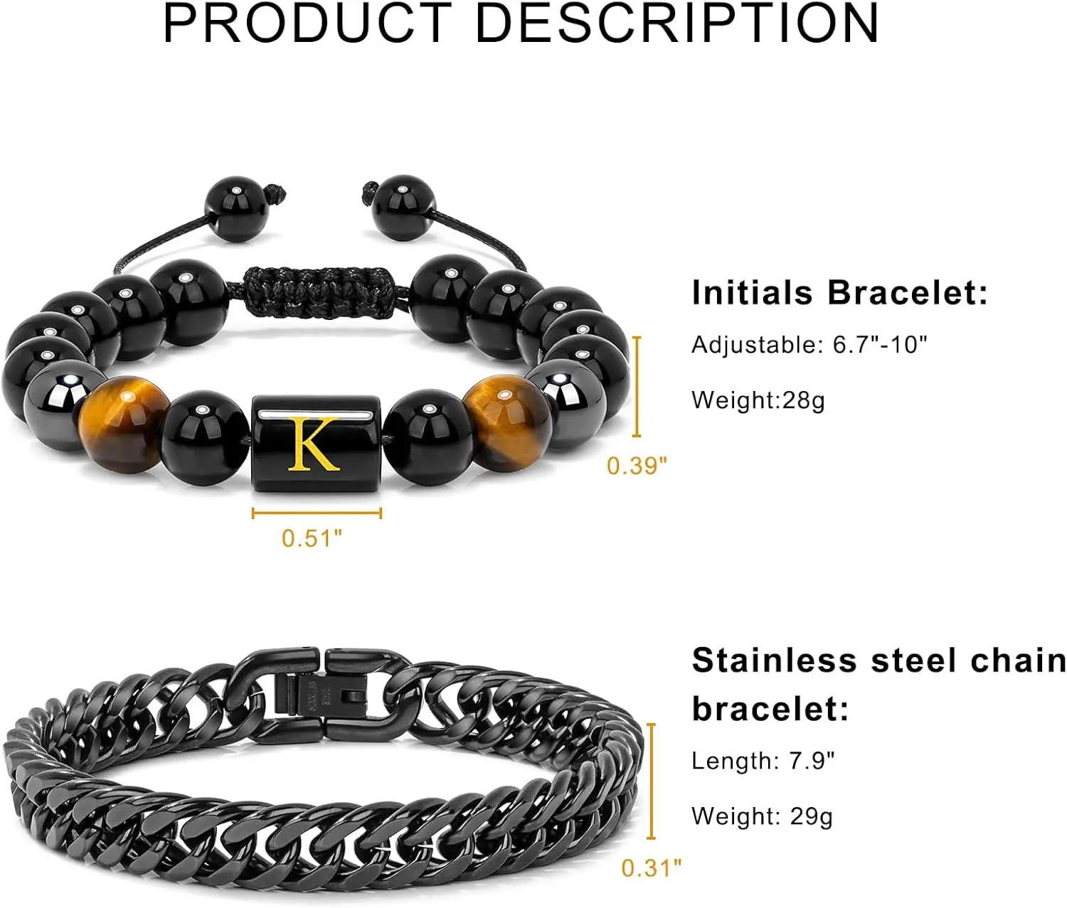 Raicegs Men's Initial Bracelet Set; Stainless Steel Bracelets in Black Obsidian, Tigers Eye, Hematite - 7.9" Cuban Link Chain - Stress Relief & Anxiety Gifts