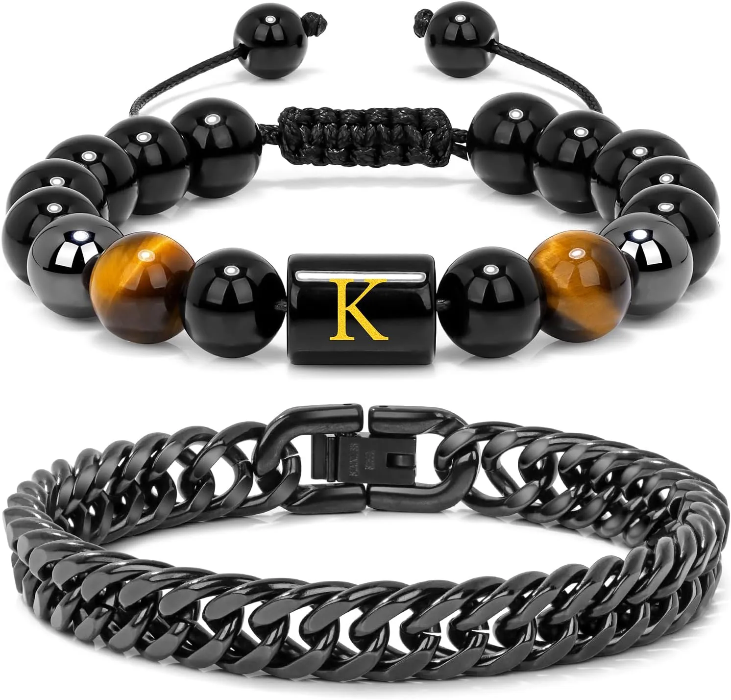 Raicegs Men's Initial Bracelet Set; Stainless Steel Bracelets in Black Obsidian, Tigers Eye, Hematite - 7.9" Cuban Link Chain - Stress Relief & Anxiety Gifts