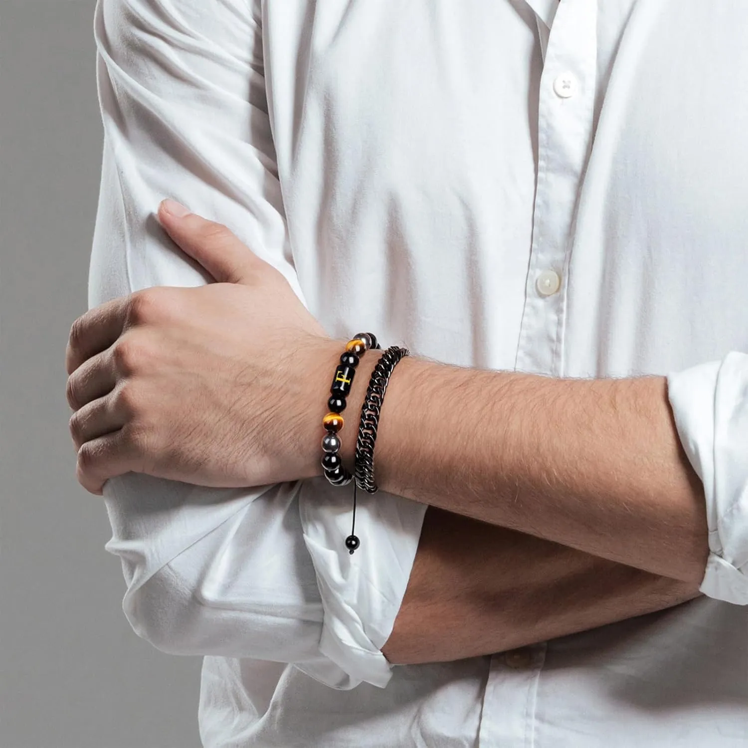 Raicegs Men's Initial Bracelet Set; Stainless Steel Bracelets in Black Obsidian, Tigers Eye, Hematite - 7.9" Cuban Link Chain - Stress Relief & Anxiety Gifts