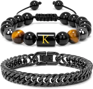 Raicegs Men's Initial Bracelet Set; Stainless Steel Bracelets in Black Obsidian, Tigers Eye, Hematite - 7.9" Cuban Link Chain - Stress Relief & Anxiety Gifts