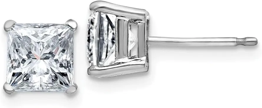 Real 14k White Gold 1.50ct. 5mm Square Brilliant Moissanite 4-Prong Basket Post Studs Earrings 5mm