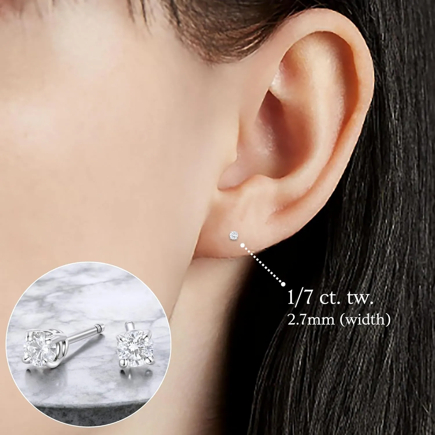 Real Diamond Stud Earrings for Women in 14K Gold  Round Brilliant Cut, H Color, SI1 Clarity  Four Prong Setting  Push Back Closure  Small Carat Weights (0.14CT to 0.50CT)