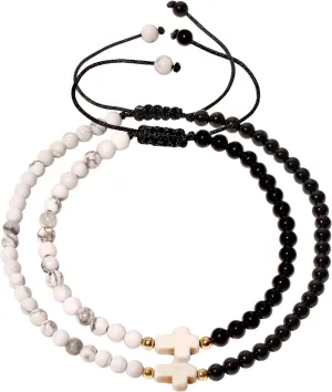 Reiki Black Onyx/Howlite Cross Charms Bracelets for Women Spiritual Crystals Beaded Bracelets and Anklet Meditation Prayer Jewelry (1 Set)