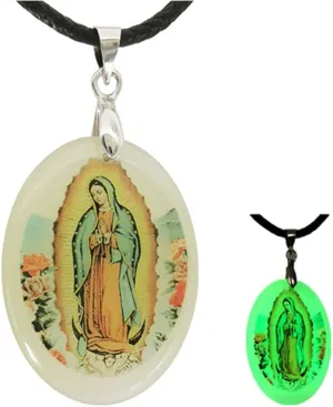 Religious Jewelry Adjustable Virgin Mary Necklace for Women Godmother Necklace Lady of Guadalupe Oval Pendant Resin Glow in the Dark Fashionable Religious Gifts (green)