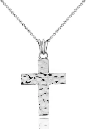 Religious Jewelry Modern Hammered Cross Charm Pendant Necklace (Small) in Solid Sterling SIlver