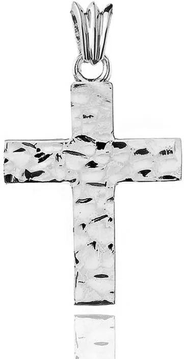 Religious Jewelry Modern Hammered Cross Charm Pendant Necklace (Small) in Solid Sterling SIlver