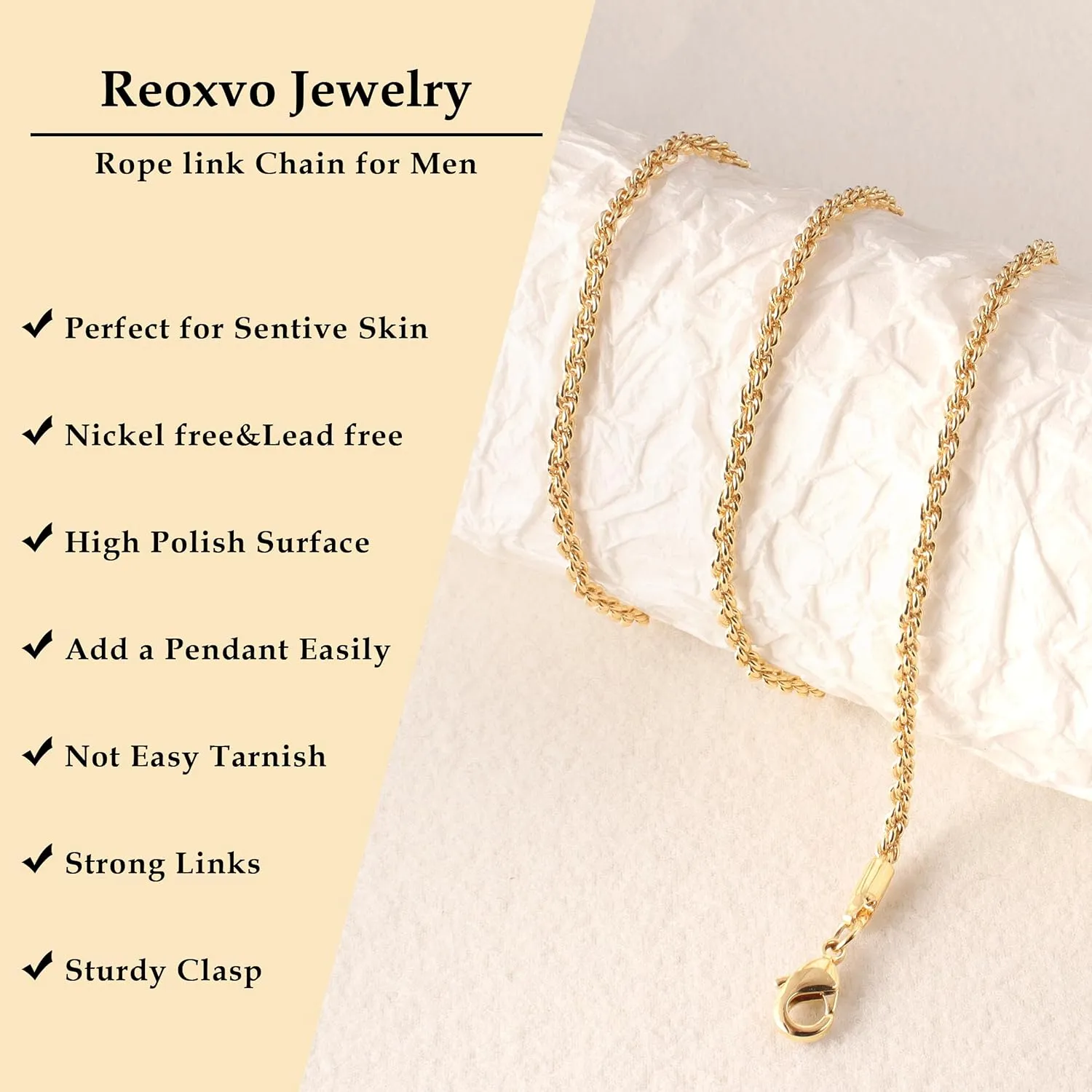 Reoxvo Chains for Men 14K Gold/sterling Silver Plated Twisted Rope Chain Necklaces Accessories Jewelry for Mens Women Available in 18 24 Inch