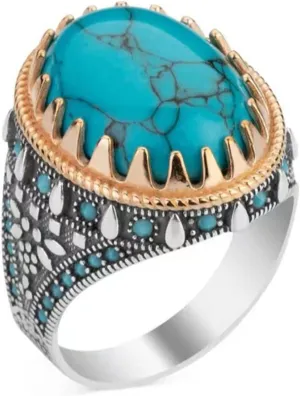Retro Simulated Oval Turquoise Statement Ring Uniquely Stylish Gothic Hip Hop Punk Promise Crystal Cocktail Ring Party Jewelry Gifts for Women Gold Silver Two Tone