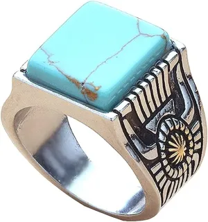 Retro Simulated Turquoise Statement Ring Uniquely Stylish Gothic Hip Hop Punk Promise Crystal Cocktail Ring Party Jewelry Gifts for Men Women