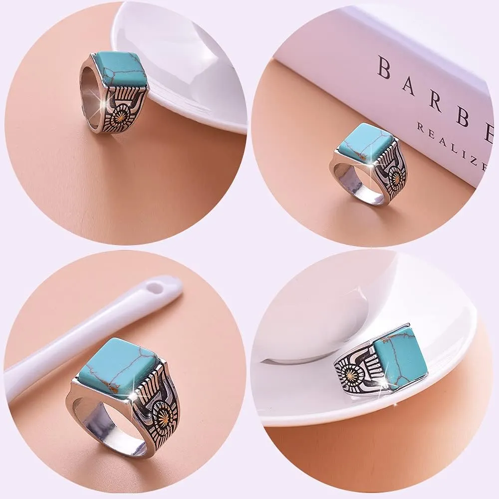 Retro Simulated Turquoise Statement Ring Uniquely Stylish Gothic Hip Hop Punk Promise Crystal Cocktail Ring Party Jewelry Gifts for Men Women