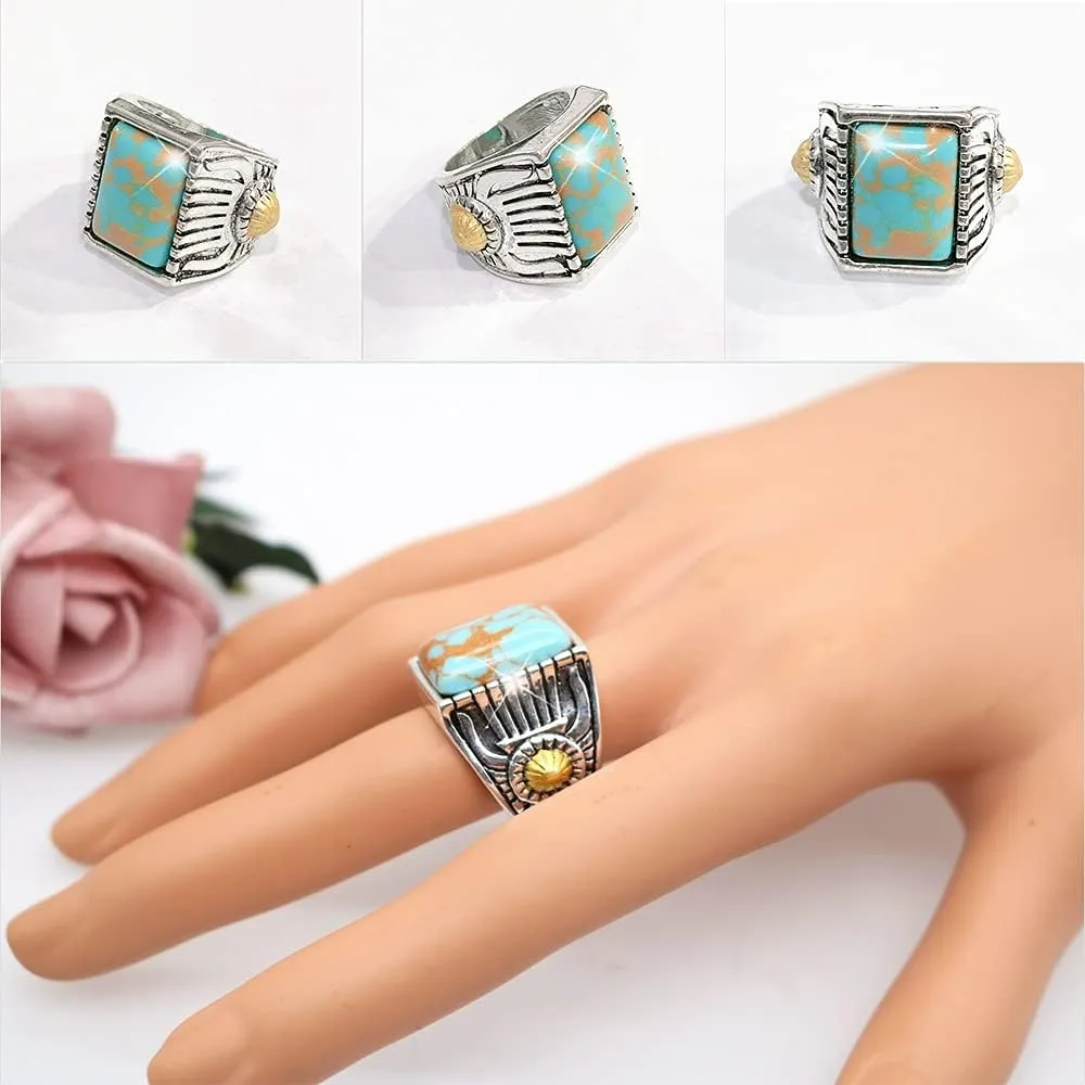 Retro Simulated Turquoise Statement Ring Uniquely Stylish Gothic Hip Hop Punk Promise Crystal Cocktail Ring Party Jewelry Gifts for Men Women