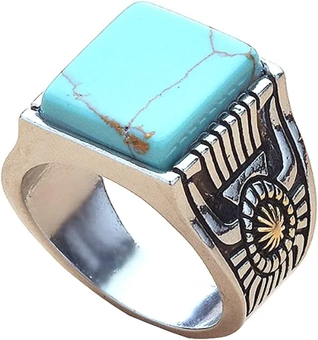 Retro Simulated Turquoise Statement Ring Uniquely Stylish Gothic Hip Hop Punk Promise Crystal Cocktail Ring Party Jewelry Gifts for Men Women