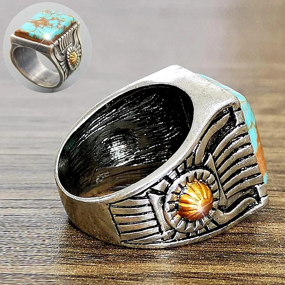 Retro Simulated Turquoise Statement Ring Uniquely Stylish Gothic Hip Hop Punk Promise Crystal Cocktail Ring Party Jewelry Gifts for Men Women