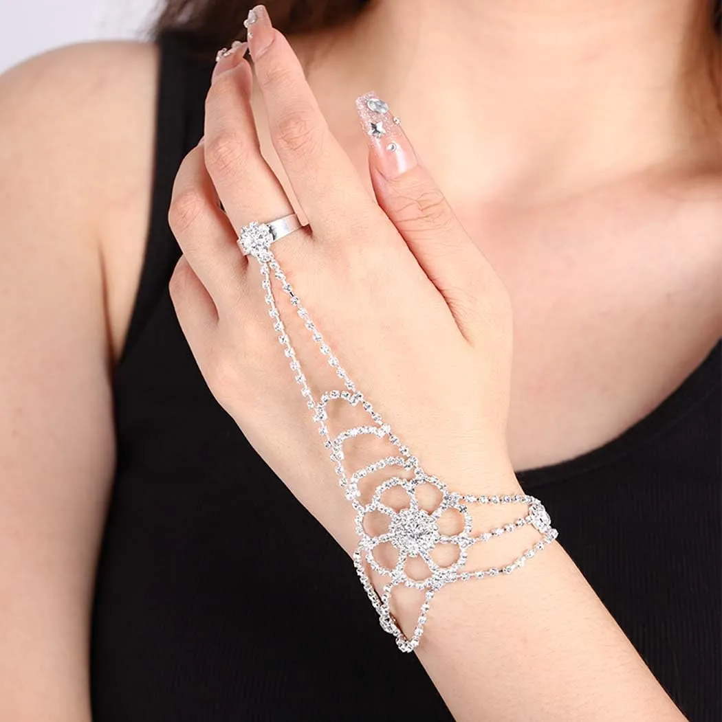 Rhinestone Finger Ring Bracelet Flower Wedding Hand Chain Bracelets Crystal Tassel Heart Full Hand Link Bracelets Hand Jewelry for Women