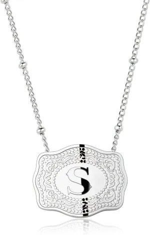 Rhodium-Plated Initial Letter Pendant Necklace with Embossed Belt Buckle, Free Chain Included, Personalized Necklace for Women