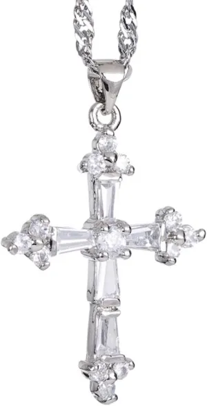 RIZILIA Cross Pendant with 18" Chain & Trapezoid Round Cut CZ [Multi-Color] in White Gold Plated, Simple Modern Elegant