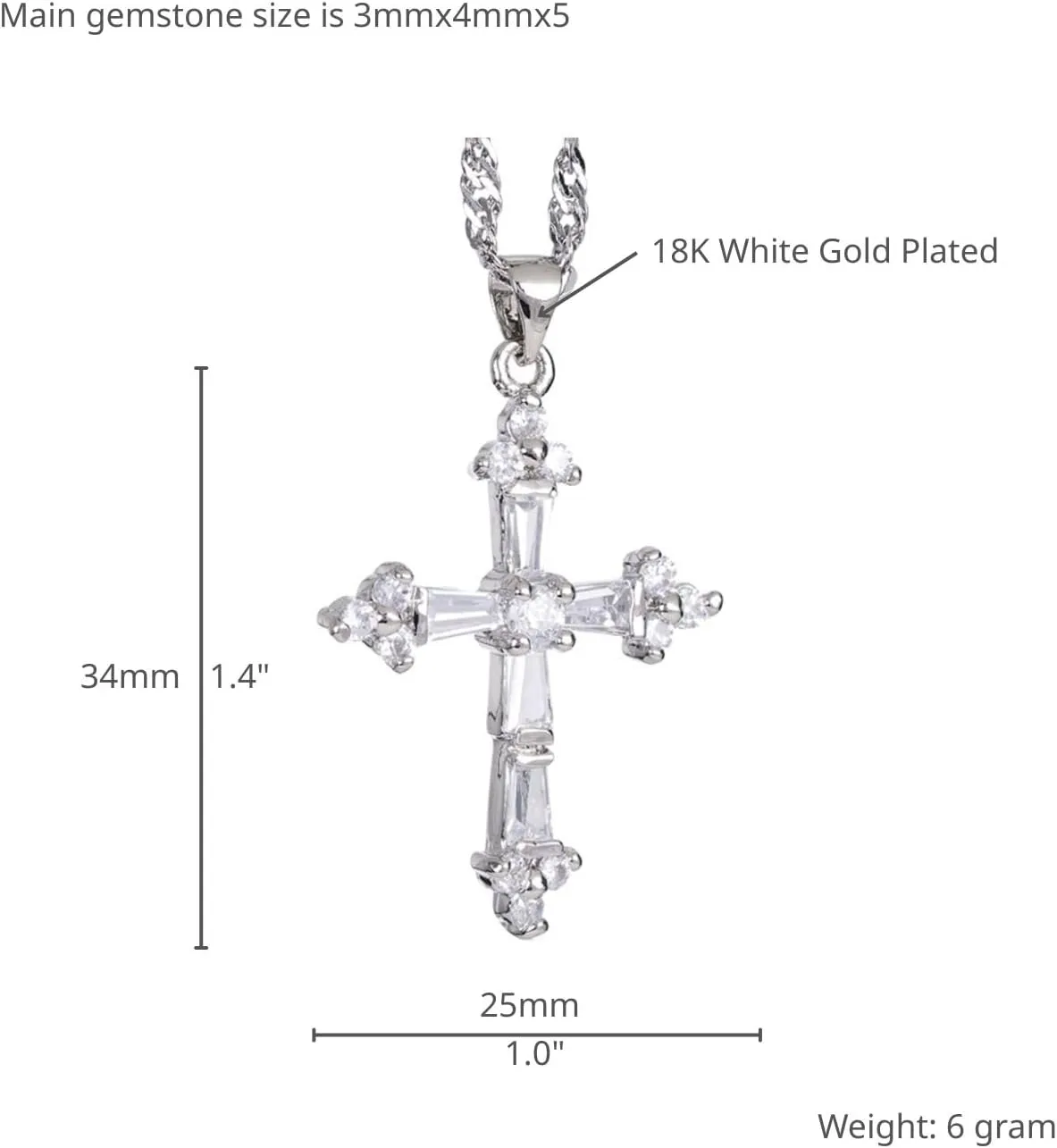 RIZILIA Cross Pendant with 18" Chain & Trapezoid Round Cut CZ [Multi-Color] in White Gold Plated, Simple Modern Elegant