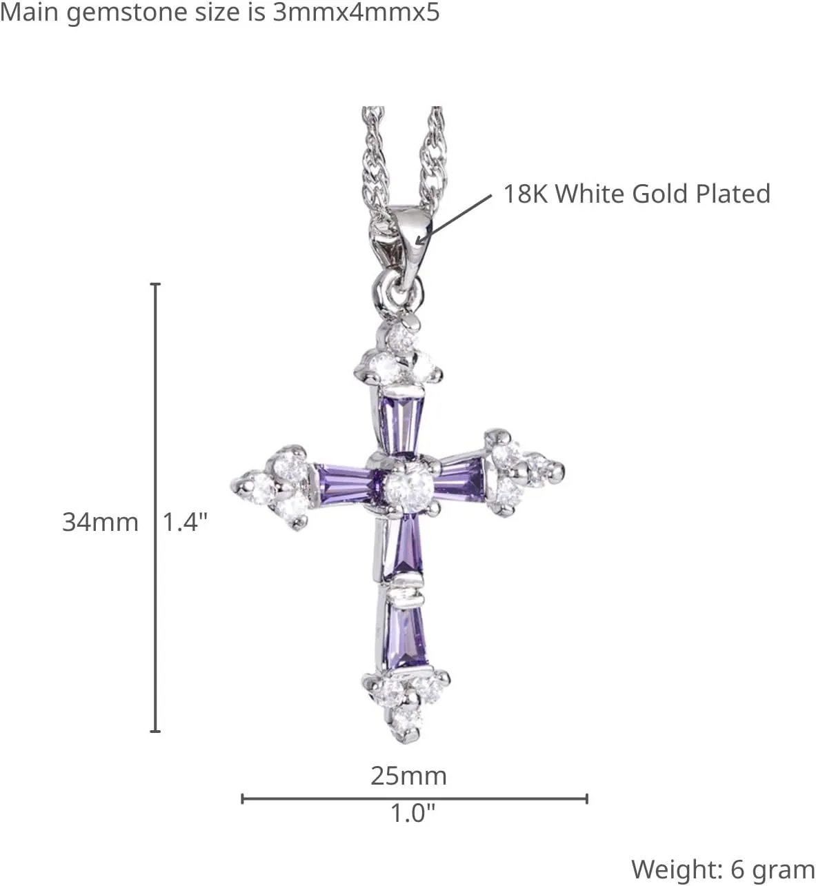 RIZILIA Cross Pendant with 18" Chain & Trapezoid Round Cut CZ [Multi-Color] in White Gold Plated, Simple Modern Elegant