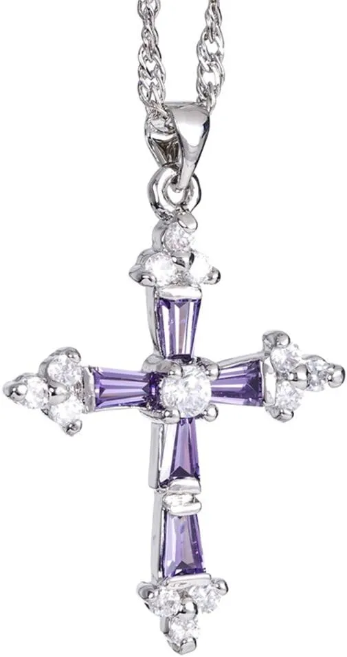 RIZILIA Cross Pendant with 18" Chain & Trapezoid Round Cut CZ [Multi-Color] in White Gold Plated, Simple Modern Elegant