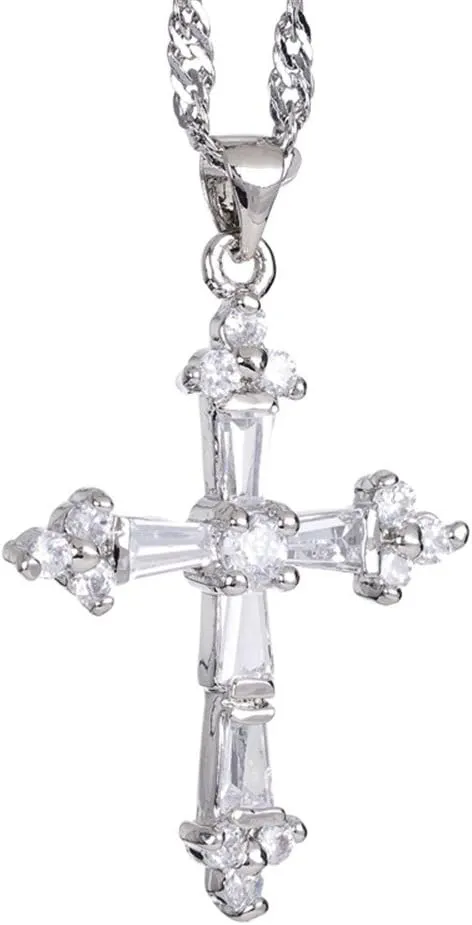 RIZILIA Cross Pendant with 18" Chain & Trapezoid Round Cut CZ [Multi-Color] in White Gold Plated, Simple Modern Elegant
