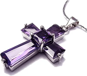 RIZILIA Cross Pendant with 18" Chain & Trapezoid Square Cut CZ [7 Colors Available] in White Gold Plated, Simple Modern Elegant