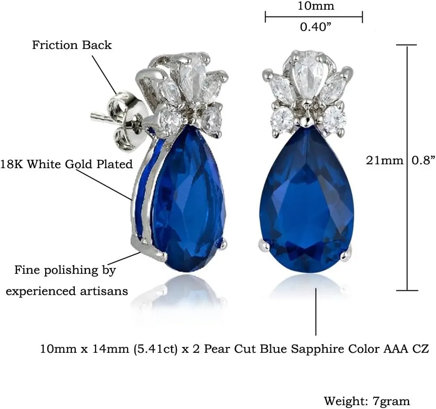 RIZILIA Teardrop Stud Pierced Earrings with Pear Cut CZ [5 Colors available] in White Gold Plated, Simple Modern Elegant