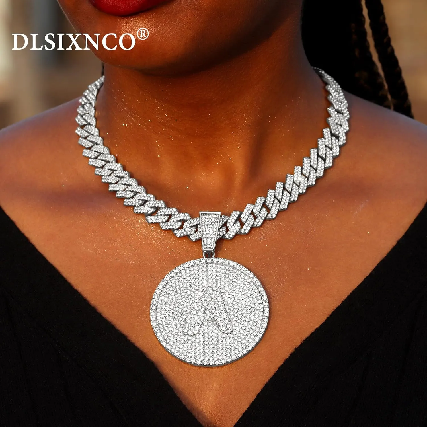 Round Big Initial Necklace for Women, Cuban Link Chain 14mm Diamond Prong Cuban Chain, Cursive Gold Silver Initial Necklace Cuban Link Necklace