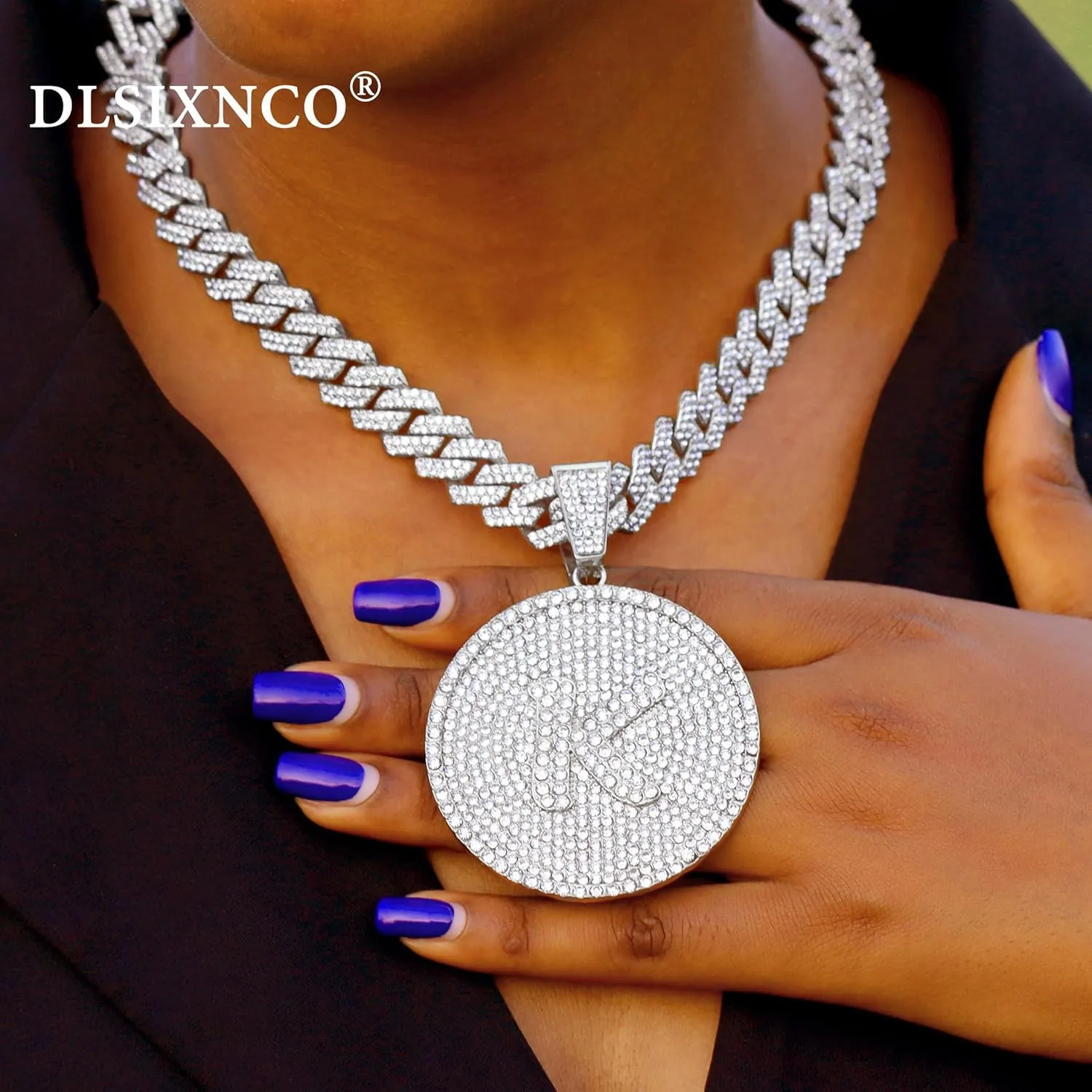 Round Big Initial Necklace for Women, Cuban Link Chain 14mm Diamond Prong Cuban Chain, Cursive Gold Silver Initial Necklace Cuban Link Necklace