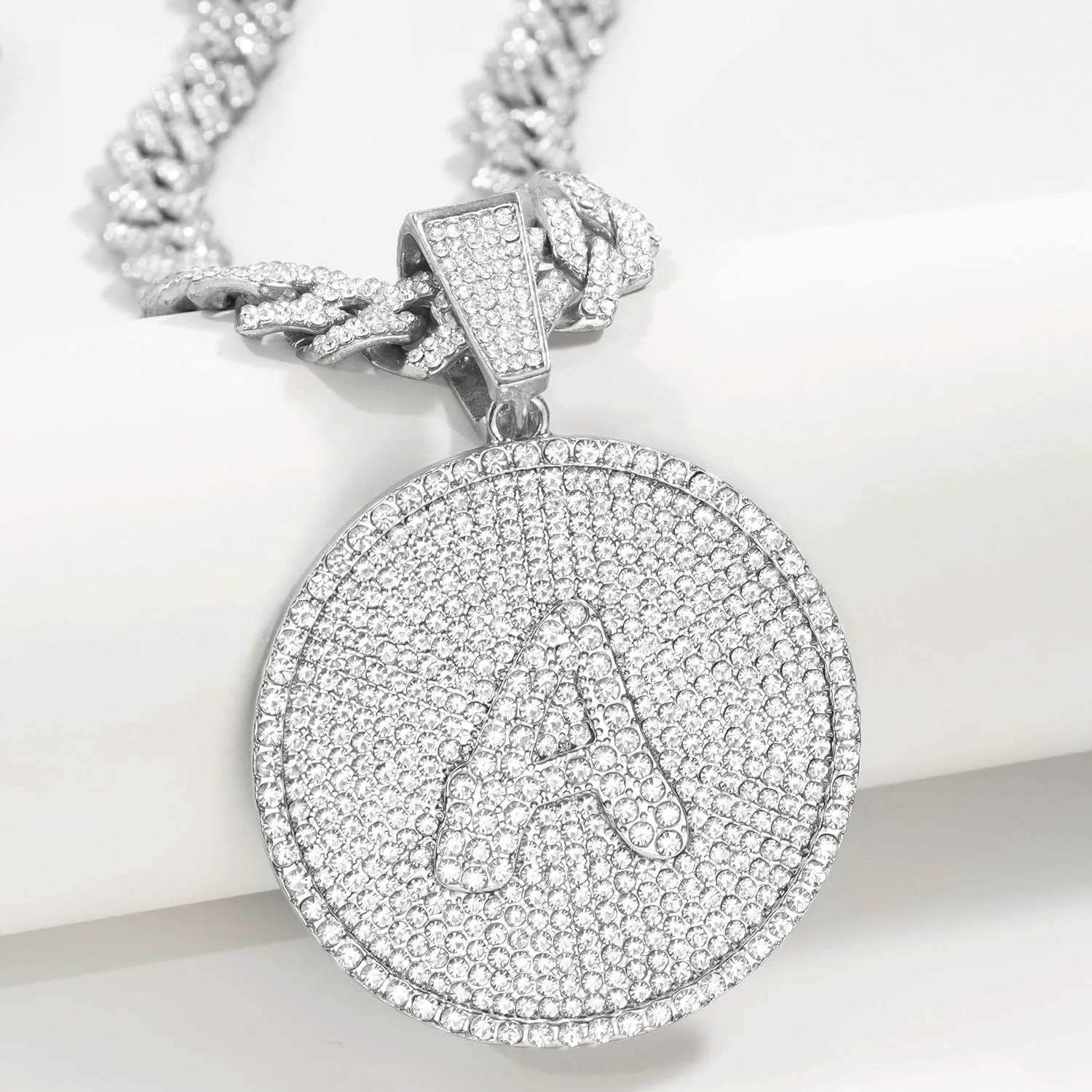 Round Big Initial Necklace for Women, Cuban Link Chain 14mm Diamond Prong Cuban Chain, Cursive Gold Silver Initial Necklace Cuban Link Necklace