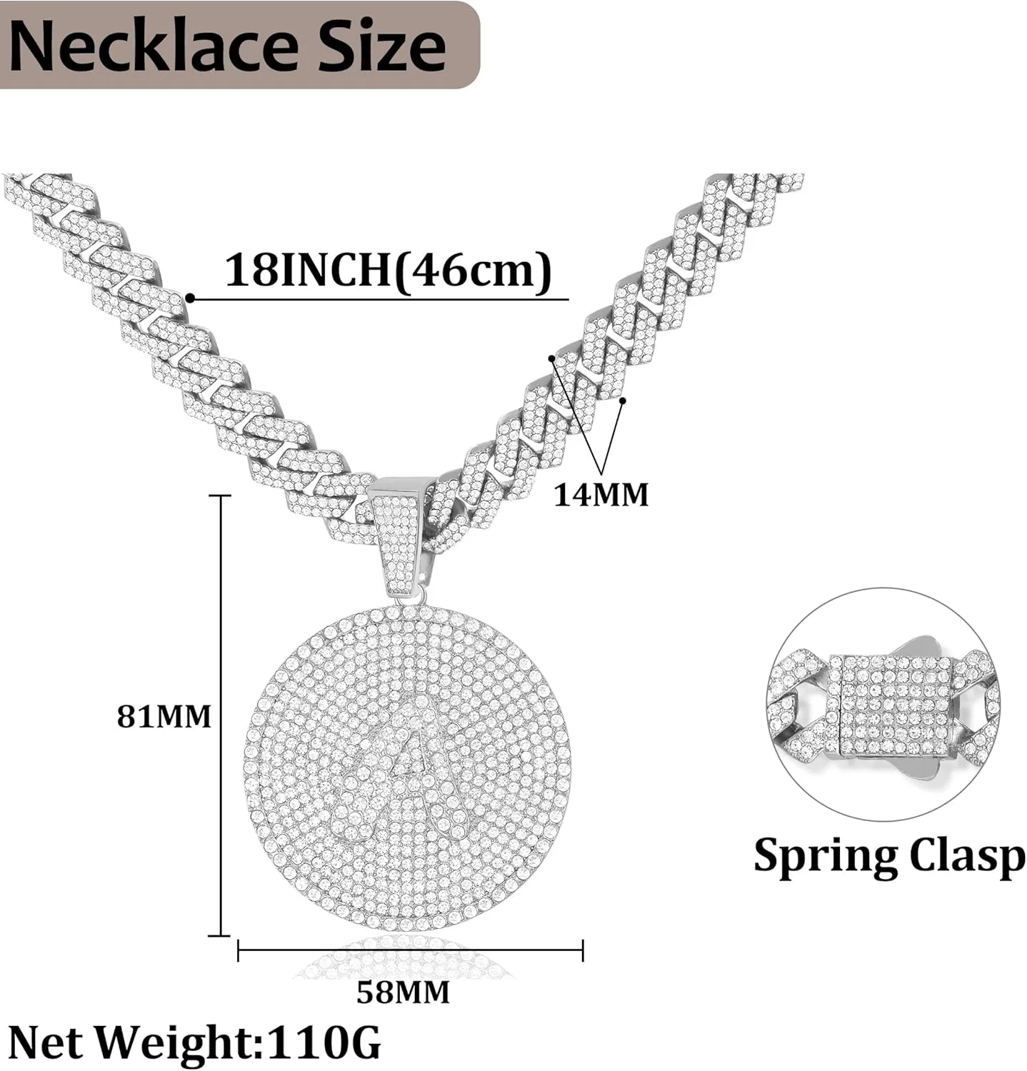 Round Big Initial Necklace for Women, Cuban Link Chain 14mm Diamond Prong Cuban Chain, Cursive Gold Silver Initial Necklace Cuban Link Necklace