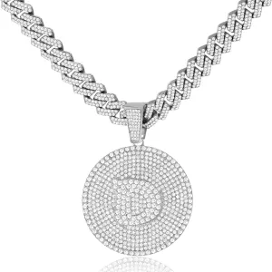 Round Big Initial Necklace for Women, Cuban Link Chain 14mm Diamond Prong Cuban Chain, Cursive Gold Silver Initial Necklace Cuban Link Necklace