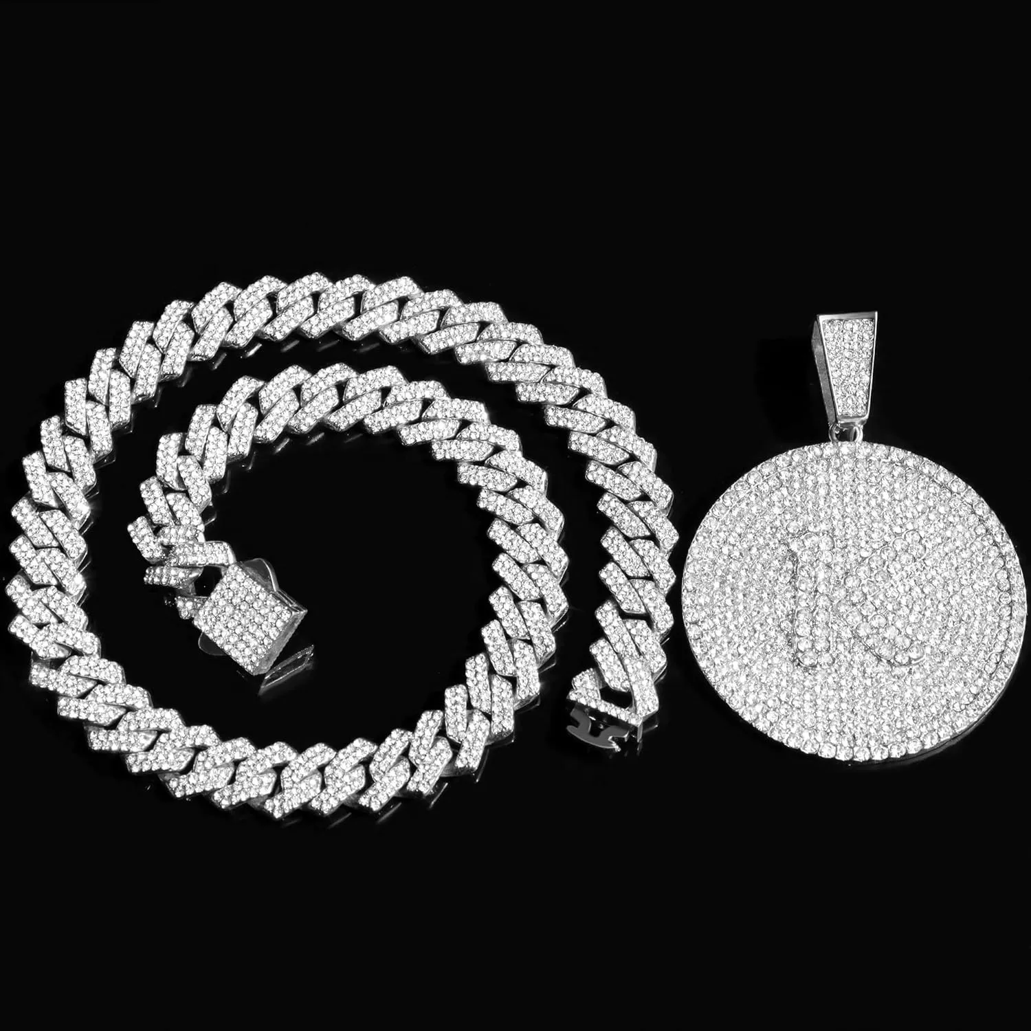 Round Big Initial Necklace for Women, Cuban Link Chain 14mm Diamond Prong Cuban Chain, Cursive Gold Silver Initial Necklace Cuban Link Necklace