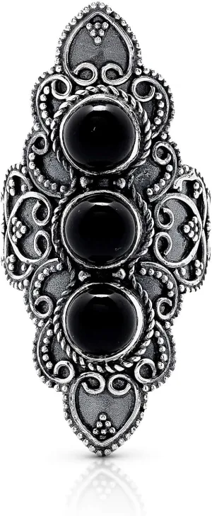 Round Black Onyx 3 Stones 925 Sterling Silver Ring - Delicate BOHO Chic Jewelry - Fashionable and Stylish for Women with Velvet Gift Bag/Box - Made by Indian Artisans - Size 6-10