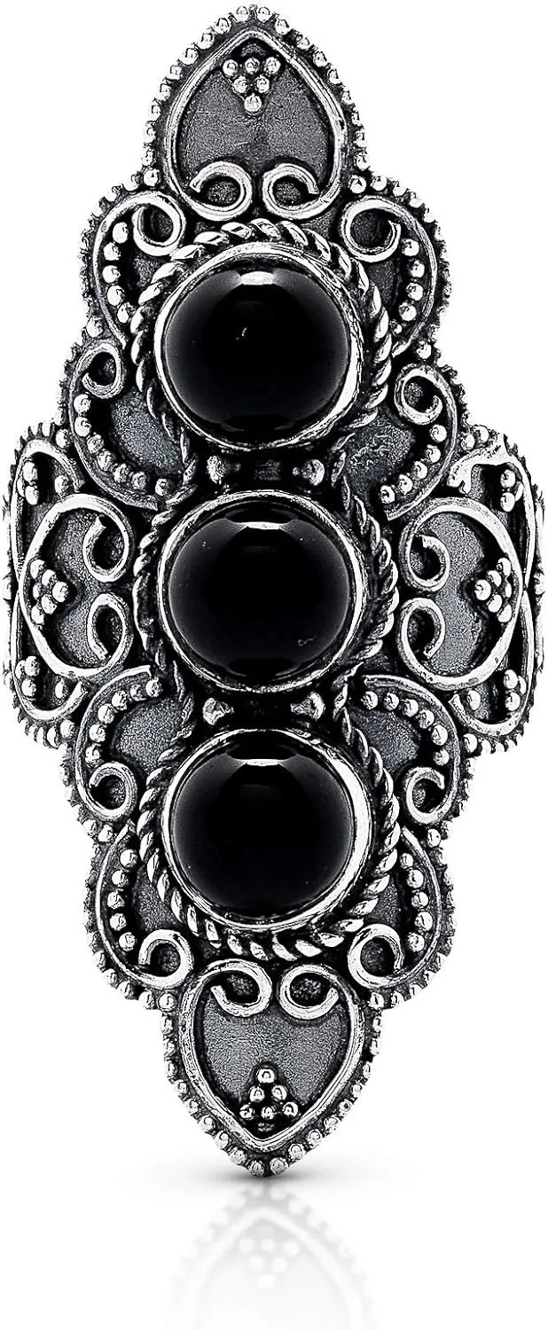 Round Black Onyx 3 Stones 925 Sterling Silver Ring - Delicate BOHO Chic Jewelry - Fashionable and Stylish for Women with Velvet Gift Bag/Box - Made by Indian Artisans - Size 6-10