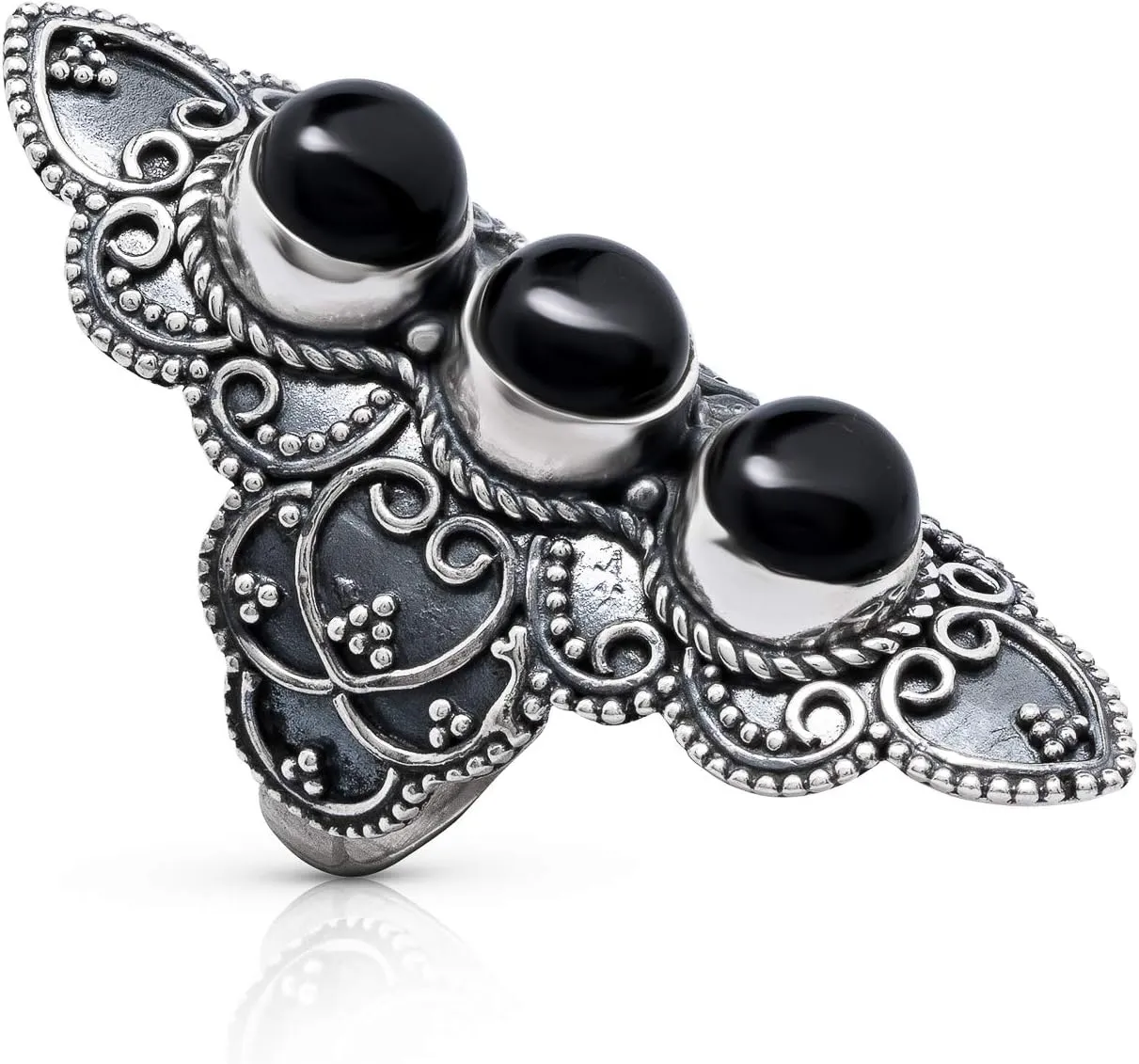 Round Black Onyx 3 Stones 925 Sterling Silver Ring - Delicate BOHO Chic Jewelry - Fashionable and Stylish for Women with Velvet Gift Bag/Box - Made by Indian Artisans - Size 6-10