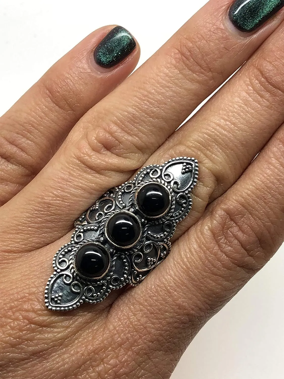 Round Black Onyx 3 Stones 925 Sterling Silver Ring - Delicate BOHO Chic Jewelry - Fashionable and Stylish for Women with Velvet Gift Bag/Box - Made by Indian Artisans - Size 6-10