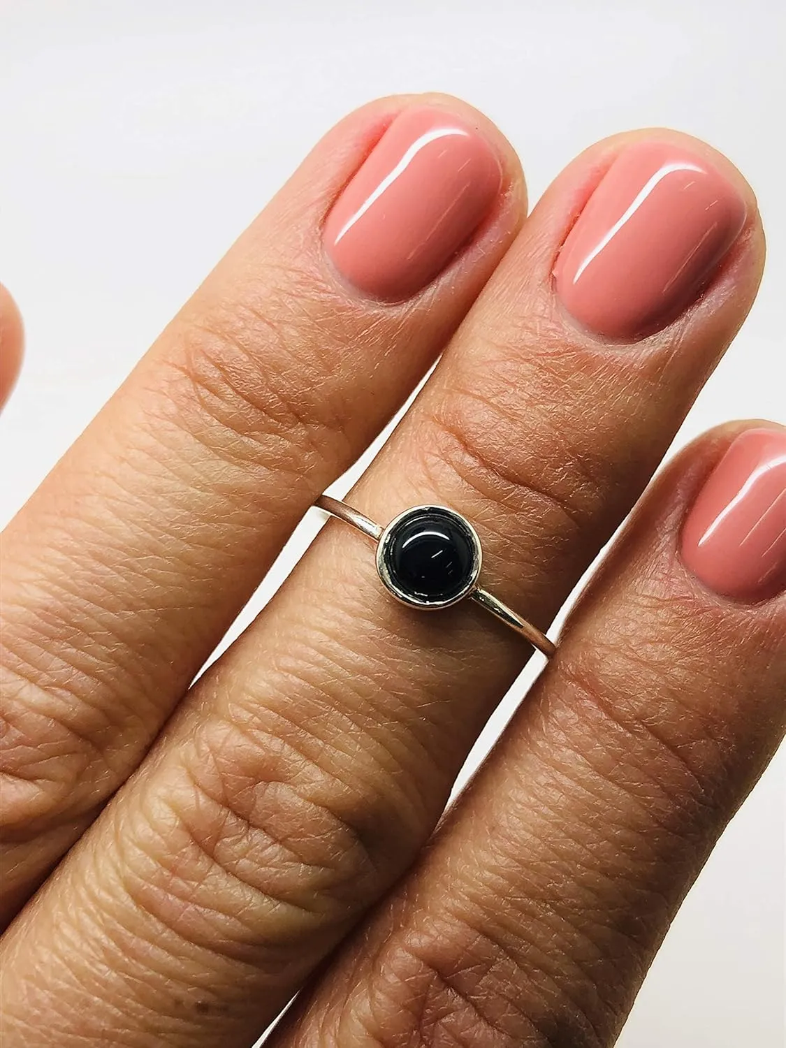 Round Black Onyx 925 Sterling Silver Ring - Delicate BOHO Chic Jewelry - Fashionable and Stylish for Women with Velvet Gift Bag/Box - Made by Indian Artisans - Size 6-9